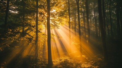 Obraz premium Golden Sunlight Rays Filtering Through Dense Forest Trees