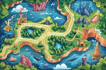 Obraz premium A map of a fantasy world with a castle, a boat, and a ship
