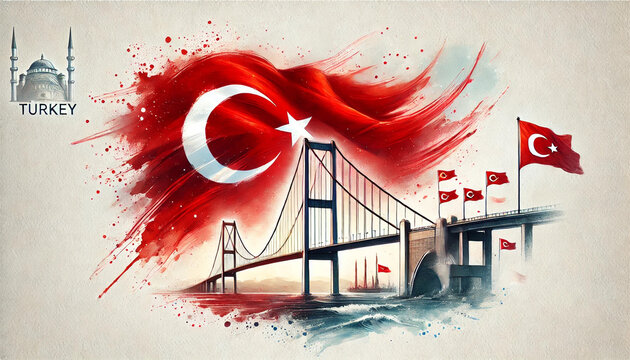 A drawing of a bridge with turkey flags