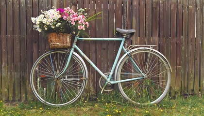 Fototapeta premium bicycle and flowers in a basket bicycle with flowers bicycle in the street bicycle and flowers