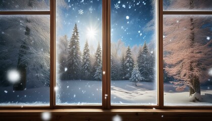 Snowflakes gently falling outside a window
