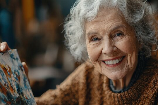 A group of elderly people attending a community art class, painting and creating together, celebrating the joy of learning new skills in retirement