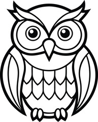 A cute Owl outline vector art illustration, black and white owl line art with no background graphics design.