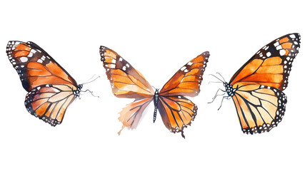 Fototapeta premium butterfly, watercolors painting multiple perspectives set of beautifully Monarch Butterflies, transparent background