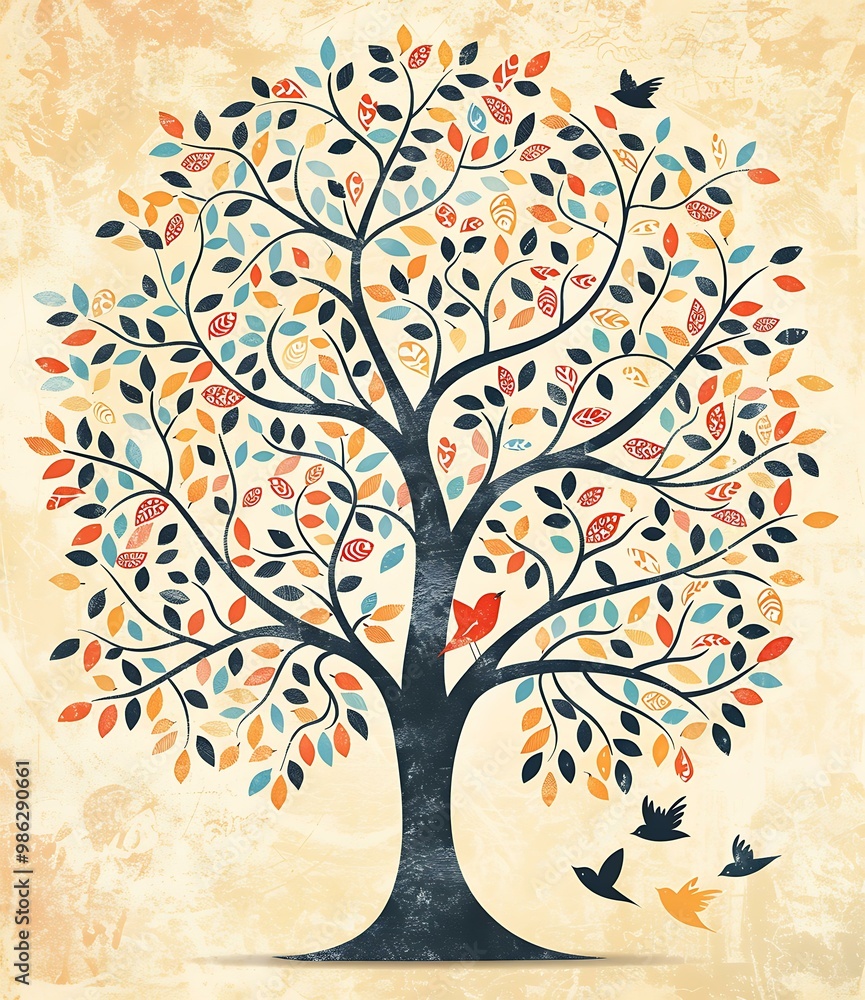 Sticker Abstract Tree With Birds And Leaves Illustration