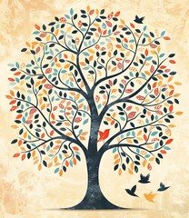 Abstract Tree With Birds And Leaves Illustration