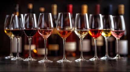A row of grape wine glass on table
