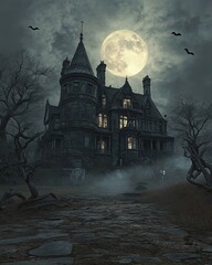 Fototapeta premium A gothic mansion surrounded by twisted, leafless trees, illuminated by a full moon