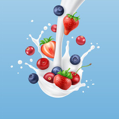 Milk, cream or yogurt liquid splash with strawberry, cranberry, blueberry and cherry on light blue background.