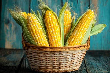 Fresh sweet corn on the cob in a basket on a wooden background. Healthy food concept. Beautiful selection of freshly picked ripe corn with generative ai