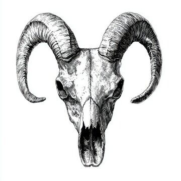 recommend clip art: Black and white Vintage engraved art of a goat skull, isolated on white background, ink sketch illustration, simple vector art design, highly detailed line art, high contrasty 