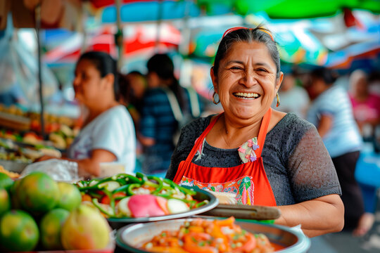 Hispanic Latina adult woman small business vendor in street market