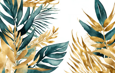 Golden and green tropical leaves illustration Generative AI, A watercolor background with a tropical leaves. Abstract art background vector Luxury minimal style wallpaper with golden line art flower 