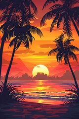 Sunset Silhouette Palm Trees Ocean Beach