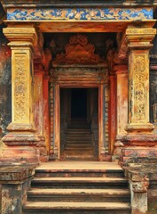 Ancient Temple Entrance With Stone Steps And Carvings
