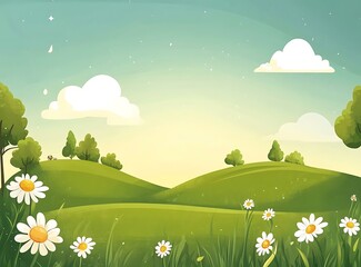 Fototapeta premium Green Hills and Daisies Landscape Illustration