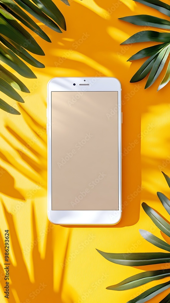 Wall mural white smartphone with tropical leaves and sunlight shadows on yellow background