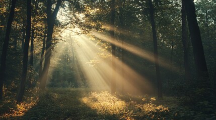 Fototapeta premium Sunbeams Piercing Through a Misty Forest