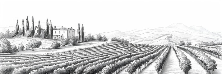 Beautiful landscape of grape plantation farm land winery. Line art drawing