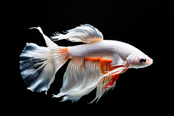 minimalist white mix orange Betta Fish, dark black background