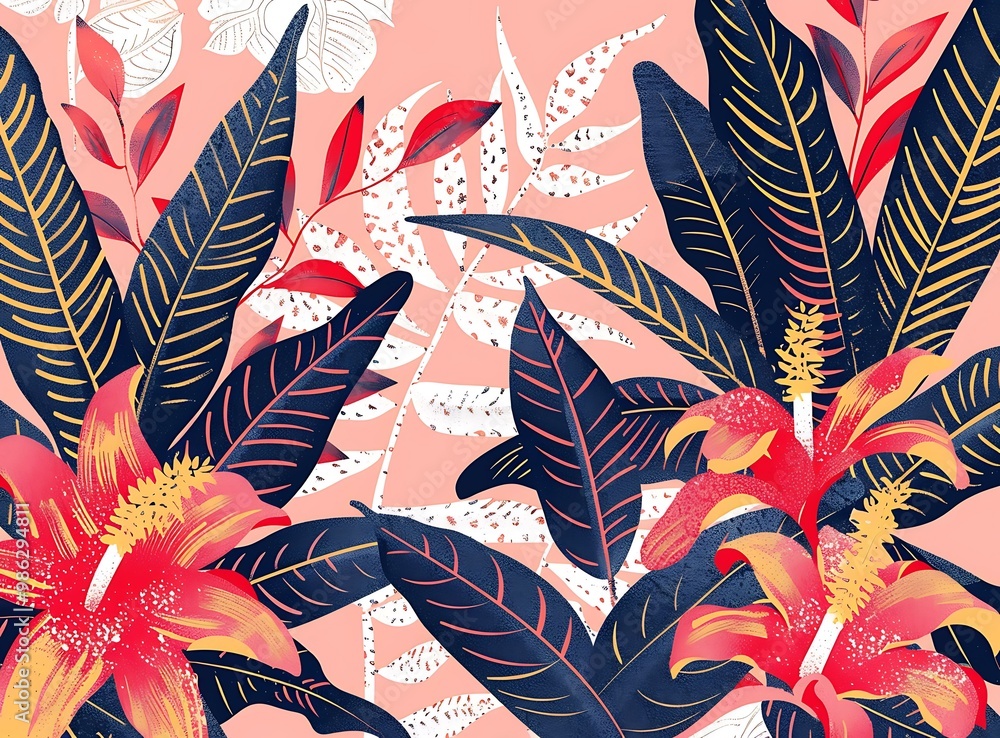 Wall mural tropical leaf and flower pattern illustration