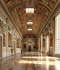 Obraz premium Art Gallery Hallway With Ceiling Paintings And People