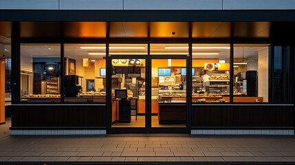 A quiet evening at a bakery storefront with warm lights illuminating freshly baked goods