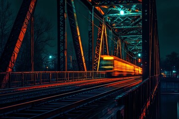 Nighttime bridge with trains rumbling across close up, focus on, copy space, glowing train lights and metal structure, Double exposure silhouette with train tracks