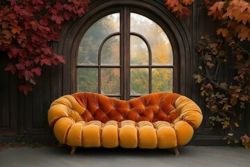 Halloween pumpkin sofa backdrop, digital photography resource. Large window with a view, autumn, fall scenery.