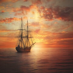 Obraz premium Sailboat at Sunset with Orange Sky