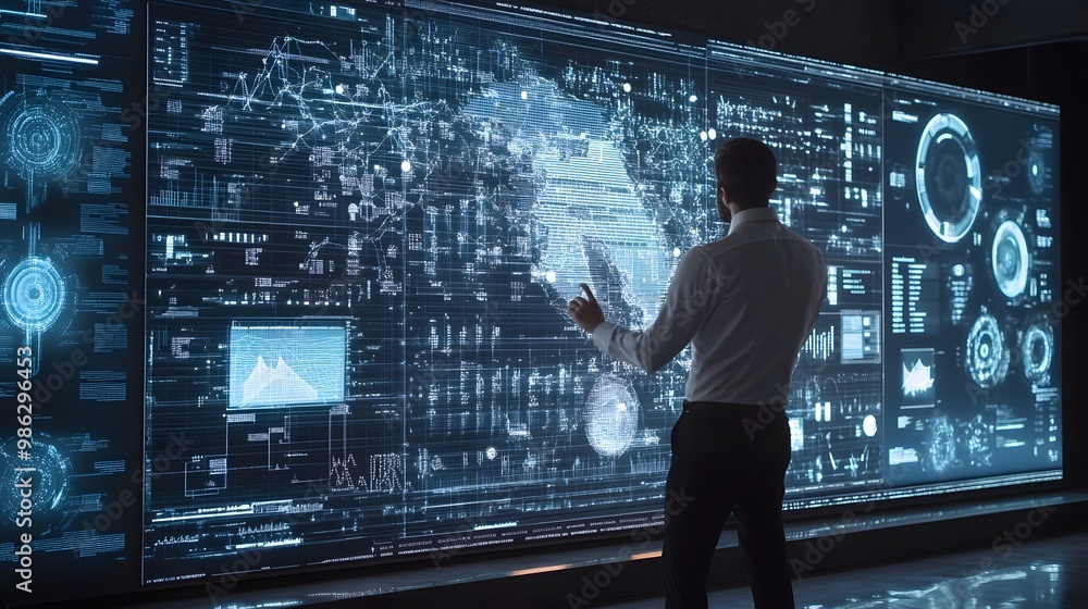 Poster a man interacting with a large screen displaying digital data