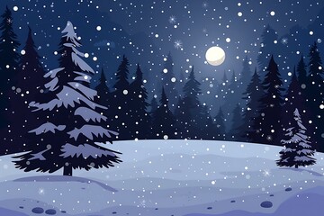 Snowy Night Forest Illustration with Full Moon and Falling Snow