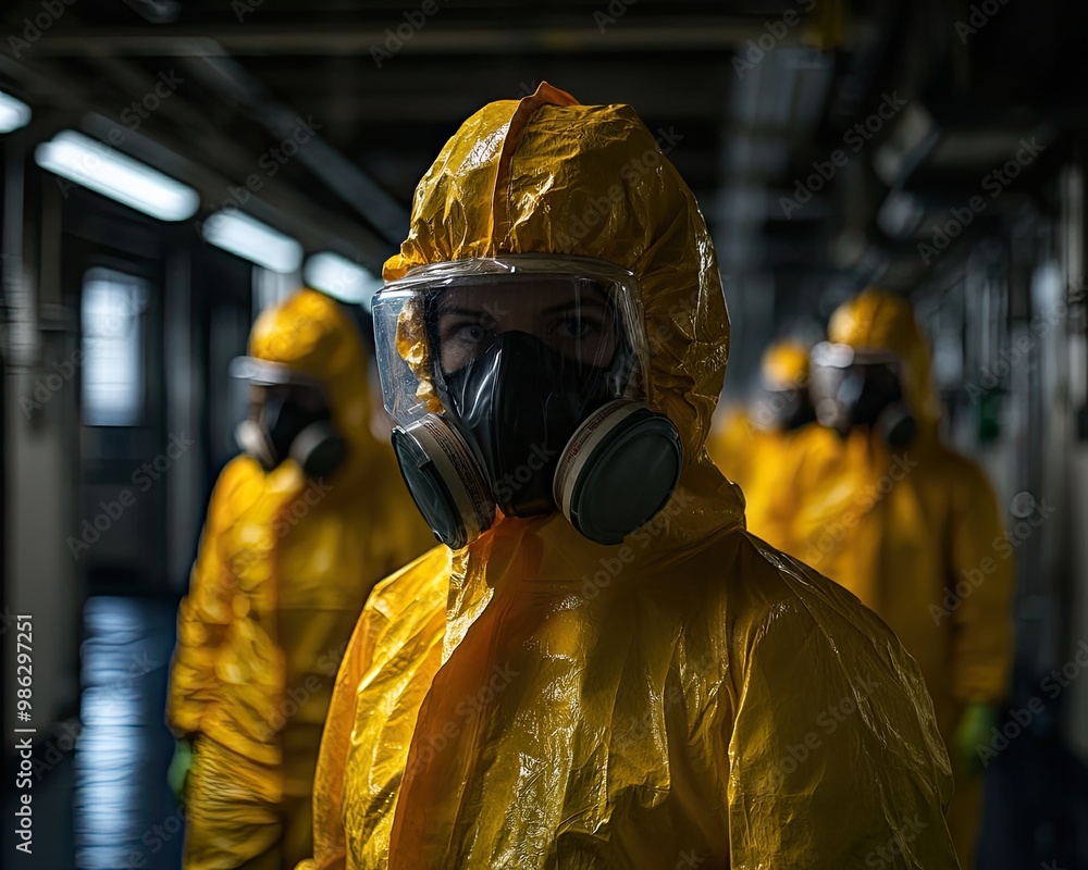 Wall mural Person with gas mask ,workers in containment suits prepare for potential threats, making for a tense and high-stakes atmosphere.