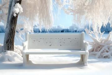 White bench seat , winter snow scene, Christmas card, backdrop.