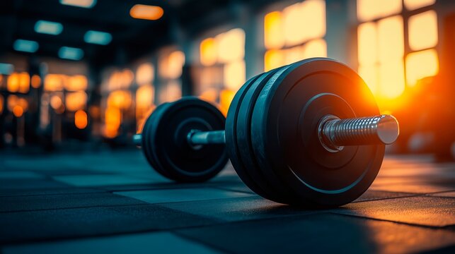 Dumbbell resting on gym floor during sunset with warm lighting effects with copy space for text, gym advertising, gym poster advert, healthy life ad