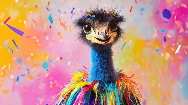 An emu in a funky, vibrant costume, standing tall on a colorful background with plenty of space for birthday party text and fun details.