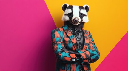 A badger in a funky, bold suit, standing confidently on a colorful backdrop with space for birthday event announcements and details.