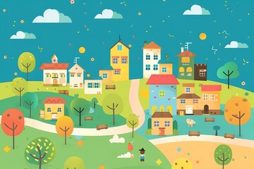Fototapeta premium Cute Cartoon Illustration of a Small Town with Houses, Trees, and a Person