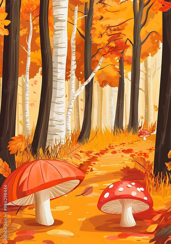 Canvas Prints autumn forest path with red mushrooms