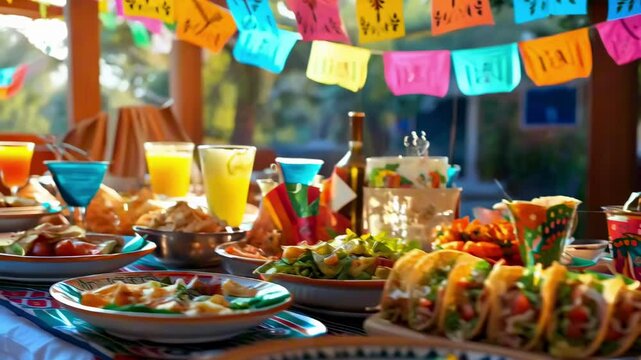 Traditional Mexican Feast, Fresh Tacos, Salsa and Chips. Cinco De Mayo, Dia de los Muertos. Vibrant Festive Table Decor
