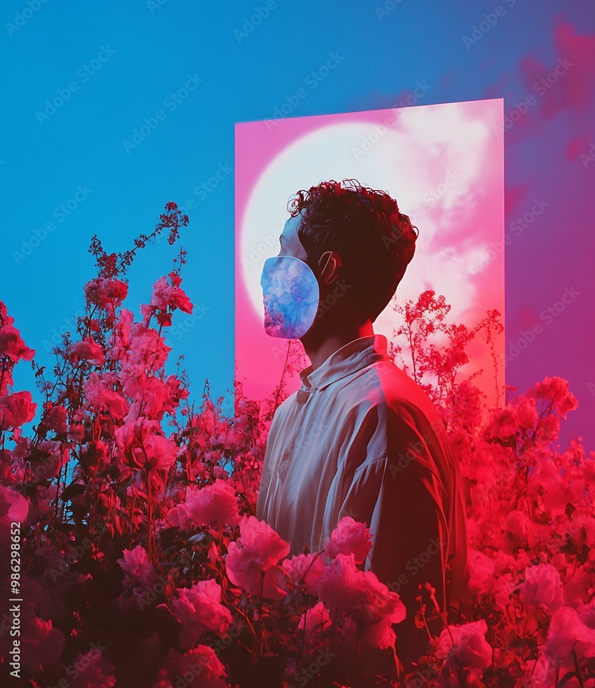 Poster man wearing a face mask in a flower field