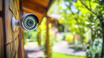 Naklejka premium modern security camera mounted on a wooden house wall, capturing a peaceful outdoor scene with lush greenery, symbolizing safety and surveillance in a natural setting.