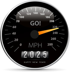Congratulations on the New Year 2025 on the background of the speedometer counter. Vector illustration isolated on white background