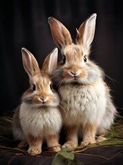Obraz premium Extremely fluffy and cute rabbits with long floppy ears. Generated by AI.