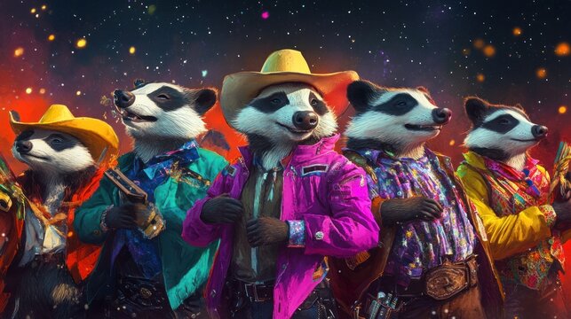 A group of badgers in colorful, cowboy-inspired outfits, celebrating under the stars at a rodeo-themed birthday, with plenty of space for event text.