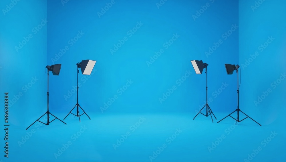 Poster Studio setup with softboxes illuminating a blue backdrop for photography sessions