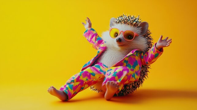 A hedgehog in a colorful, quirky suit, rolling playfully on a bright background with plenty of space for birthday event text.
