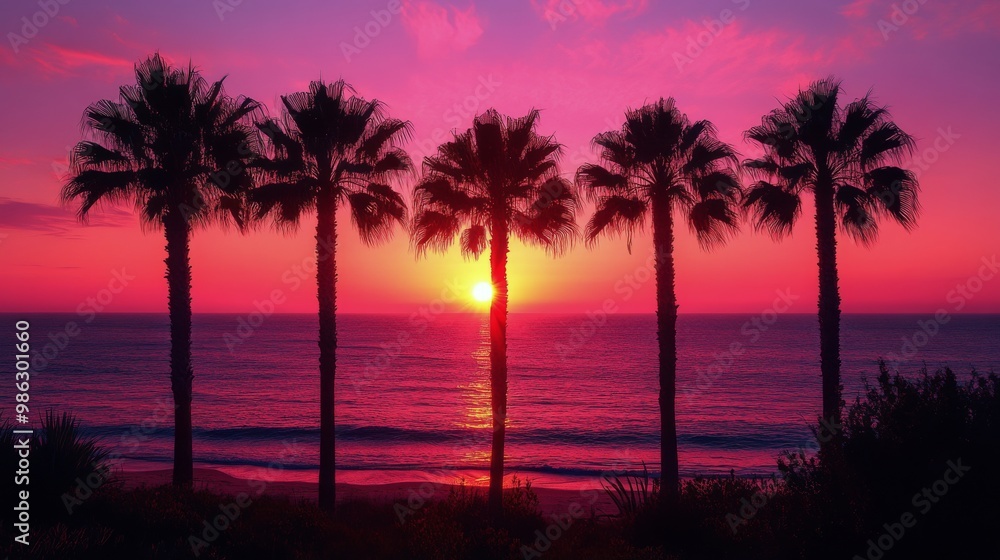 Canvas Prints Vibrant sunset behind silhouetted palm trees in a desert landscape capturing serene beauty