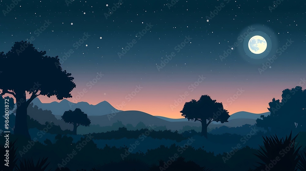 Canvas Prints Night Sky Illustration With Stars And Full Moon Over Mountains