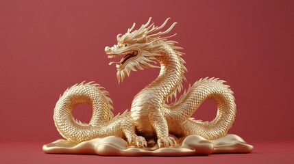 Fototapeta premium Golden dragon sculpture on a vibrant red background with an elegant, intricate design